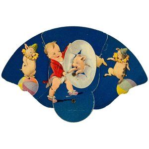 Vintage Tri Fold Advertising Cardboard Fan Boy With Circus Pigs Blue Folding